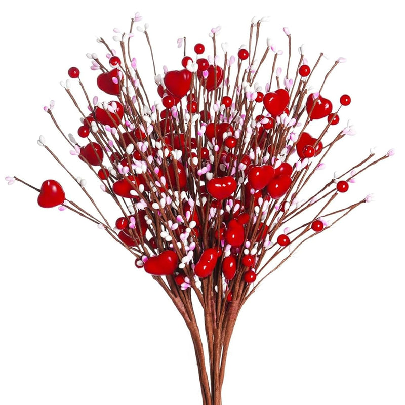 Valentines Day Flowers Artificial, 6 Pcs Berry Floral Picks With Red Hearts Fo