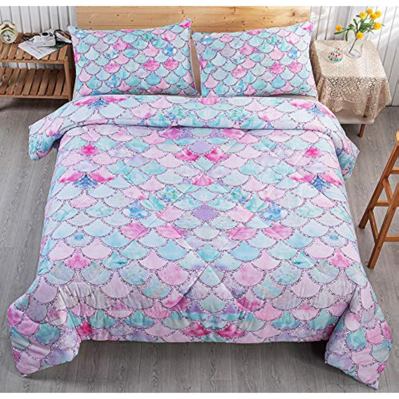 Mermaid Girls Comforter Set 3D Rainbow Scales Twin Bedding Set Durable Quilt S