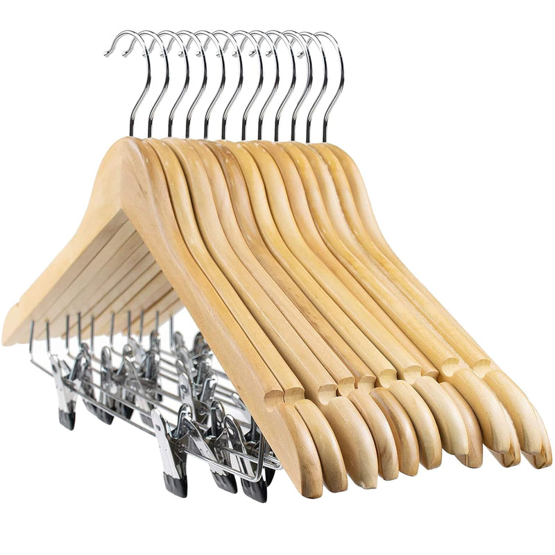 12-Pack Wooden Pant Hanger, Wooden Suit Hangers With Steel Clips And Hooks, Natu