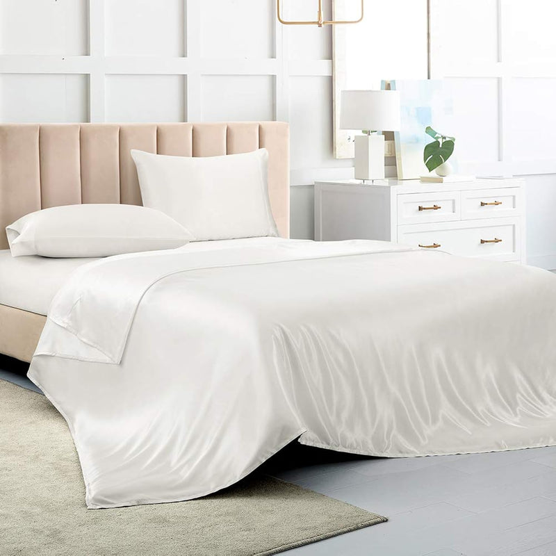 Satin Bed Sheets King Size Sheets, White Silk Sheets, 4 - Pieces Soft Bedding