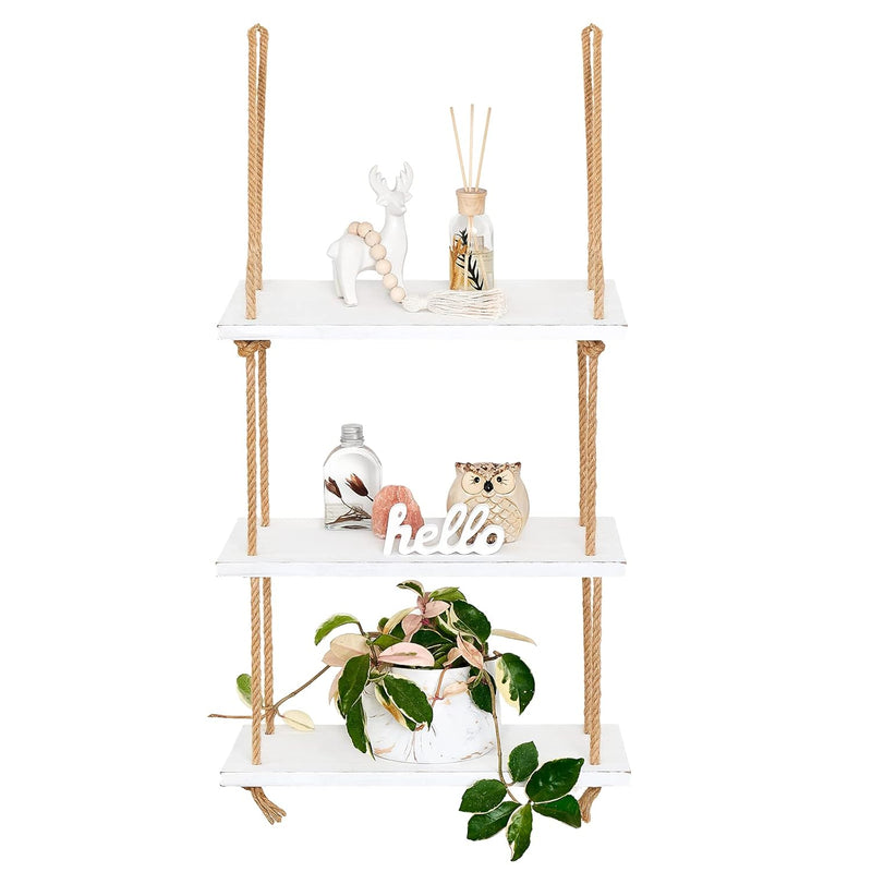 Hanging Shelves 3 Tier White Wood Wall Mount Floating Shelf With Rope Boho Dec
