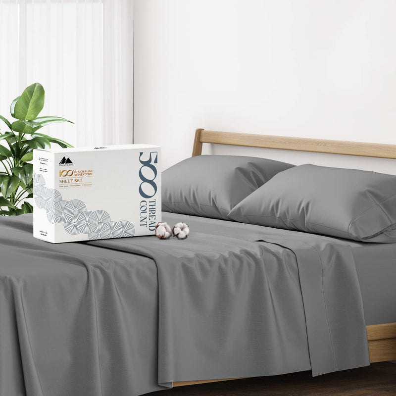 500 Thread Count 100% Cotton Sheet Dark Grey Queen Sheets Set, 4-Piece Long-Staple Combed Pure Cotton Best Sheets For Bed, Breathable, Soft & Silky Sateen Weave Fits Mattress Upto 16'' Deep Pocket