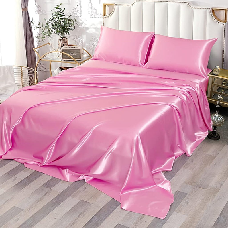 Twin Satin Sheets [3-Piece, Pink] Hotel Luxury Silky Bed Sheets - Microfiber S