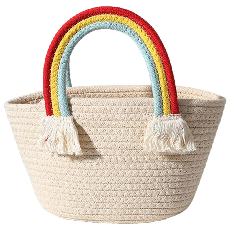 Woven Basket With Rainbow Handle Portable Storage Basket Handbag With Tassel For