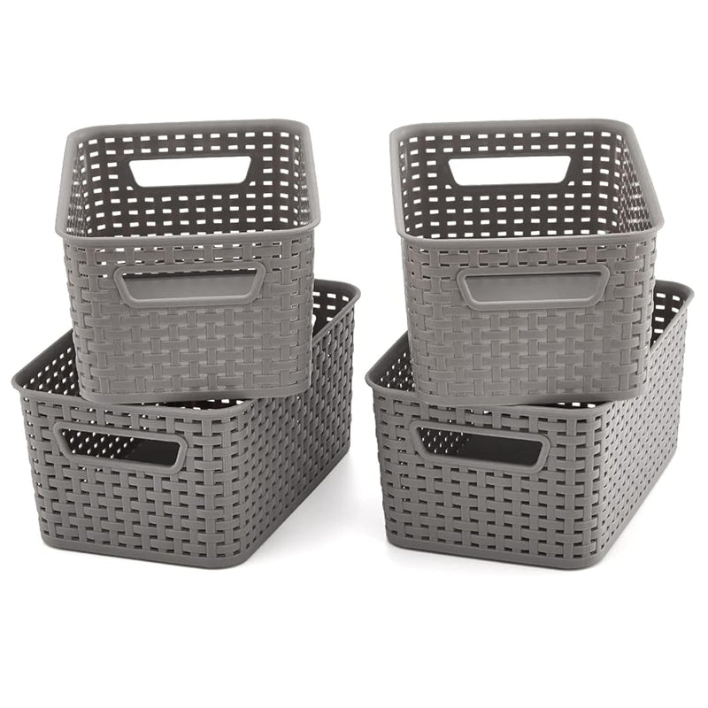 4 Pack Gray Plastic Woven Knit Baskets, 11X7.3X5 Inch Storage Organizer Bin Boxe