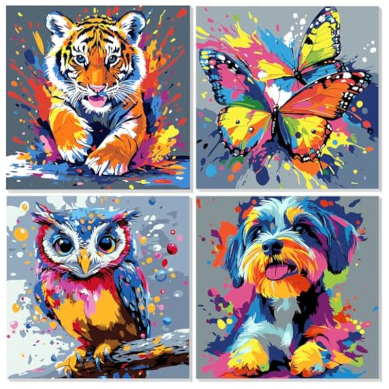 4 Pack Paint by Numbers for Kids Ages 8-12, Cute Animal 8 x 8 Inch Canvas Art