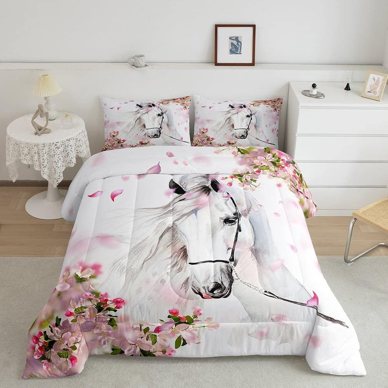 Girls Horse Comforter Set Queen Chic Cherry Blossom Bedding Set Boys Teens Gal