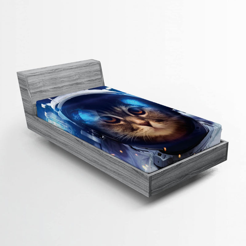 Space Cat Fitted Sheet, Felline Astronaut Theme Funny Illustration With Scienc