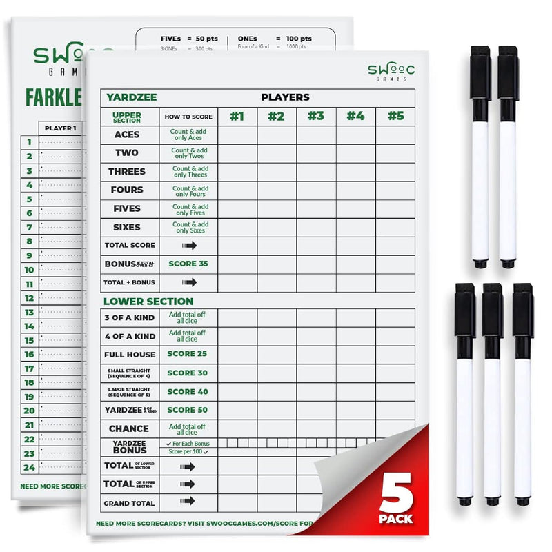 SWOOC Games - 5 Big Dry Erase Yardzee & Farkle Score Cards with 5 Markers (