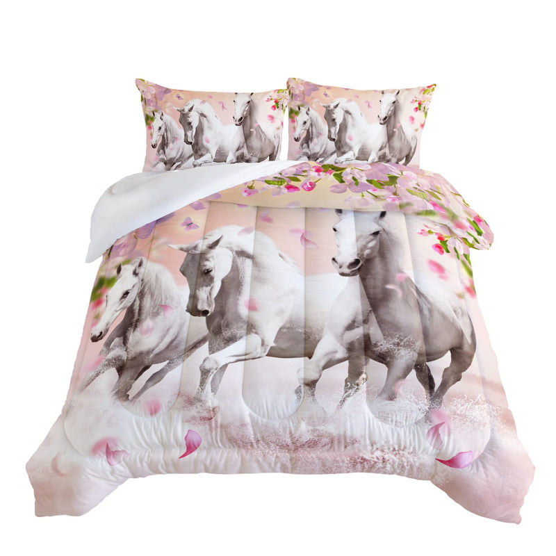 Horse Bedding For Girls,Pink Cherry Blossom Printed Twin Comforter Set For Gir