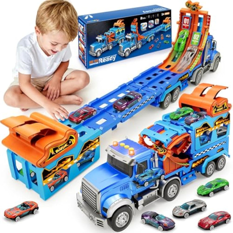 Truck Car Toys For 3, 4, 5, 6, 7, 8 Years Old Kids, Carrier Truck Race Track Toys, Foldable Transport Car Toys With Foldable Race Tracks And 6 Metal Cars, Birthday Gifts For Toddler Boys Girls (Blue)