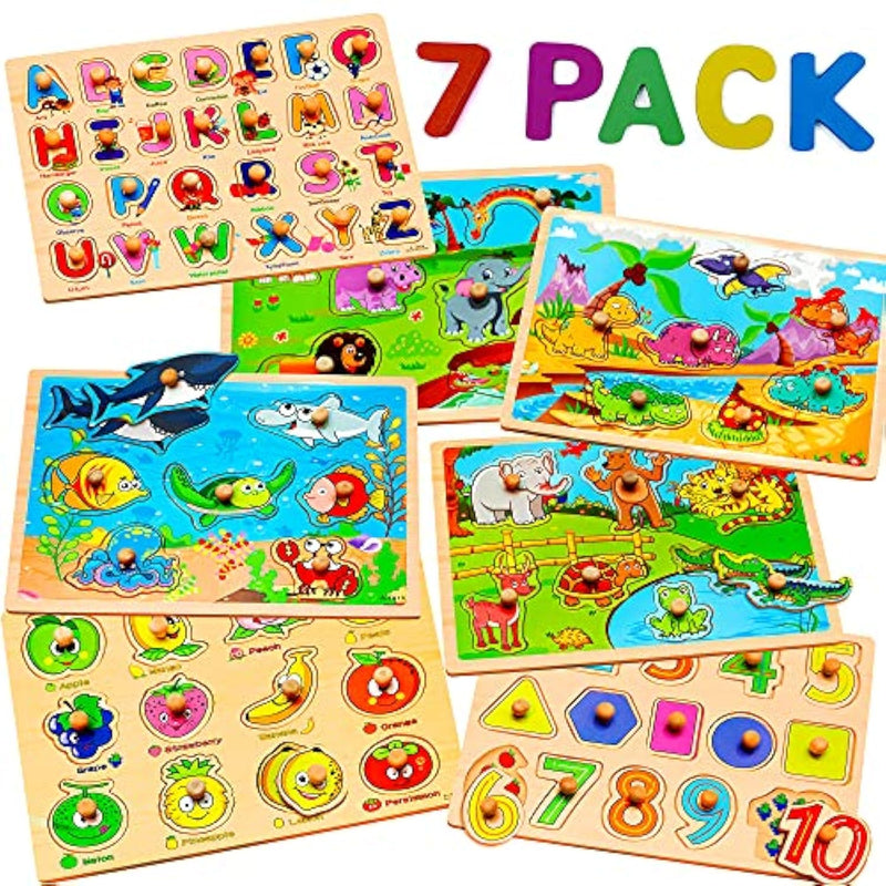 7 Pack Wooden Puzzles For Toddlers 2 3 4 5 Years Old - 7 Colorful Chunky Wood Peg Puzzles For Kids Ages 2-5, Alphabet Shape Numbers Fruits Sea Animals Dinosaur Zoo - Educational Toddler Learning Toys