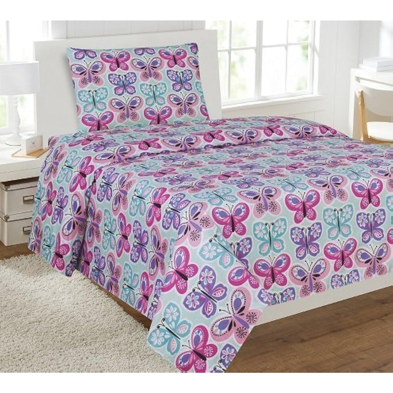 Sheet Set For Girls/Teens Butterfly Light Blue Turquoise Pink Purple Flat Shee