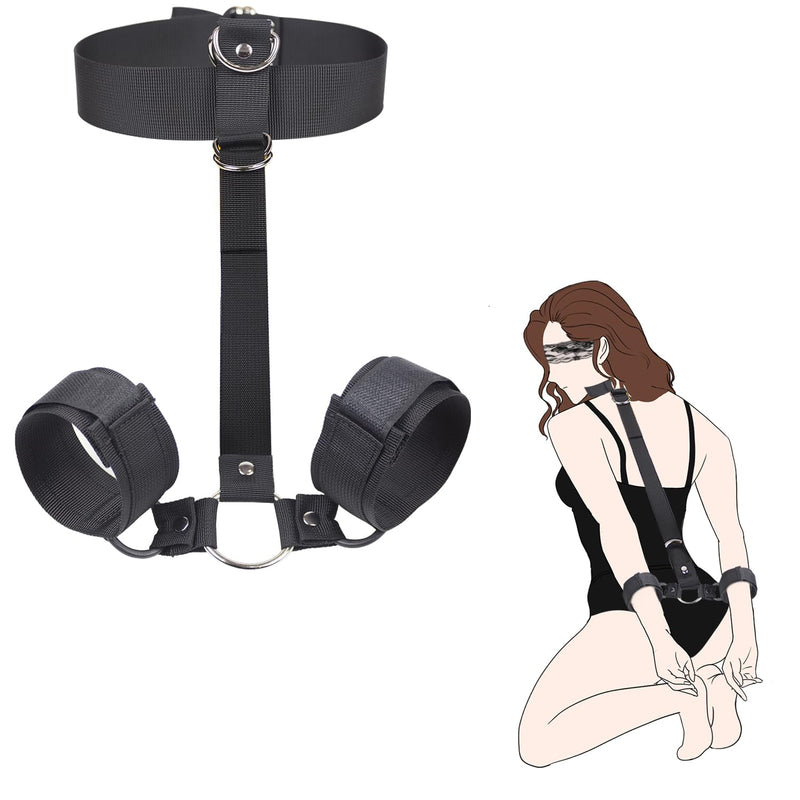 Sex Bondage Adult Toys Soft Neck To Wrist Restraints Kit, Bondage Set With Behind Back Handcuffs Collar Mystery Bdsm Blindfold, Adjustable Nylon Bondage Restraints For Sex Game (Black)