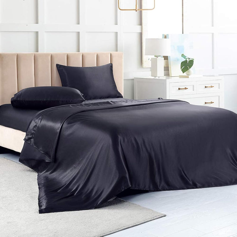 Satin Bed Sheet, Queen Size Sheet-Black Sheets For Queen Mattress-4 Pcs Silky