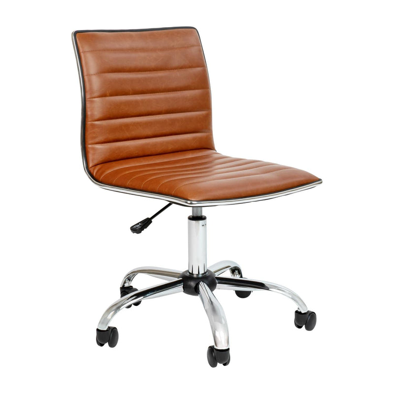 Alan Office Task Chair - Brown Vinyl - Chrome Frame - Armless - Ribbed Back An