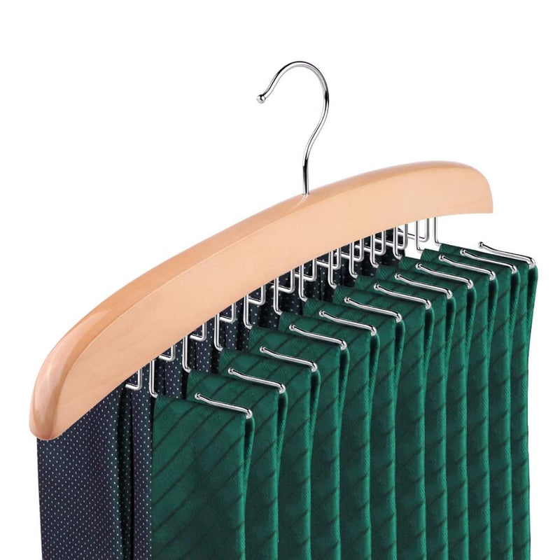 Wooden Tie Hanger,24 Tie Organizer Rack Hanger Holder Hook (Beige, 24 Hooks)