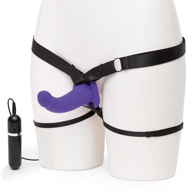 Double Duty Strap On Vibrating Dildo - Curved 7 Inch Silicone Dildo For Women With Wired Remote Control - Elasticated & Adjustable Harness - Adult Sex Toy - Purple