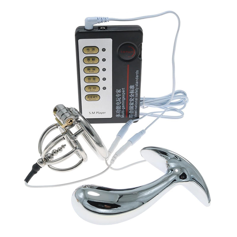 Electric Shock Chastity Lock With Bead Chastity Cage Metal Anal Plug Combination Electric Shock Set Sex Toy