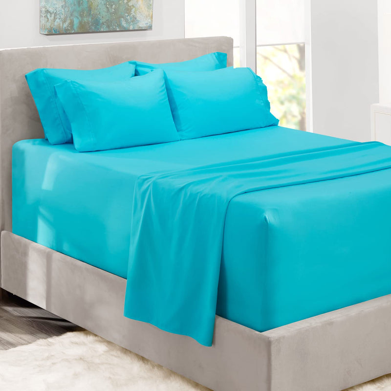 Bed Sheets, Luxury Soft 6 Piece Bed Sheet Set Extra Deep Pocket Fitted Sheets Fits Mattress Up To 21", Double Brushed Bedding Sheets & Pillowcases, Queen Size, Beach Blue