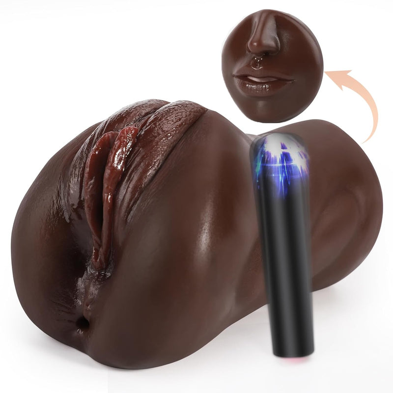 3 In 1 Pocket Pussy Male Masturbators With Bullet Vibrator - 10 Vibrations Modes Male Stroker With Textured Mouth Vagina & Tight Anus For Men Masturbation, Brown Male Masturbator Sex Toy For Men