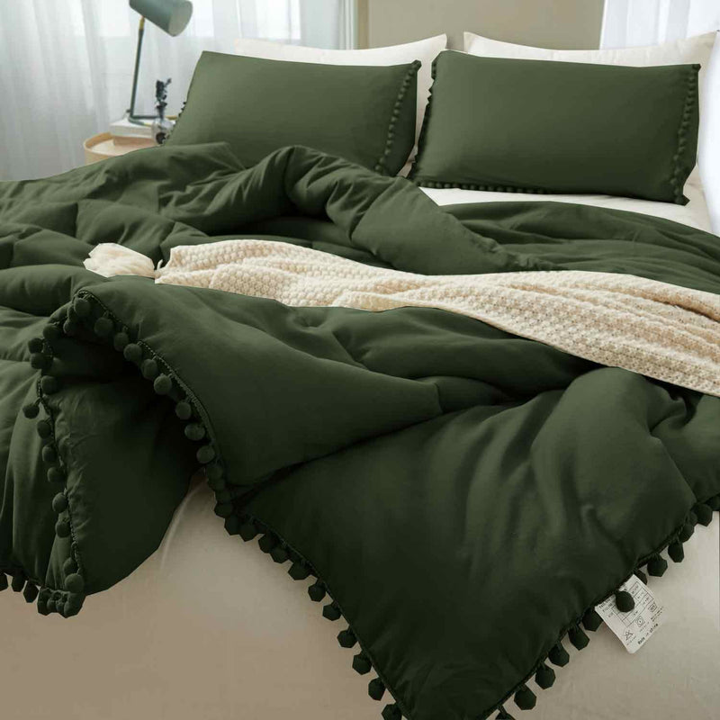 Comforter Set Queen Size Pom, 3 Piece Boho Bed Set, All Season Farmhouse Micro