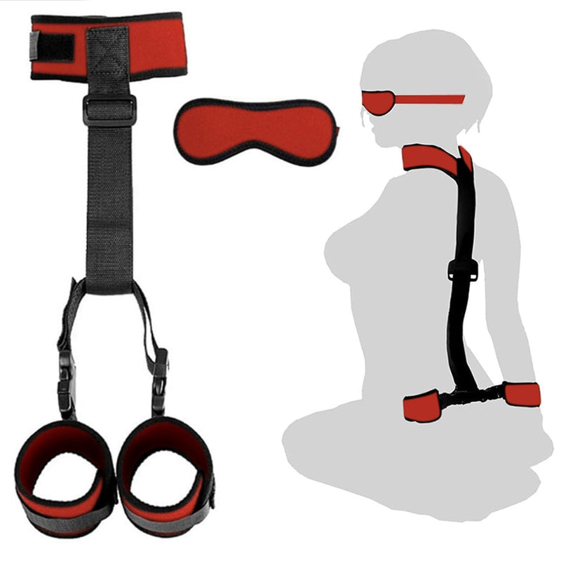 Bdsm Sex Neck To Wrist Restraints Bondage Set - Behind Back Handcuffs Collar With Blindfold Adjustable Bondage Set Bed Games Play Sex Toys For Couples (Red)