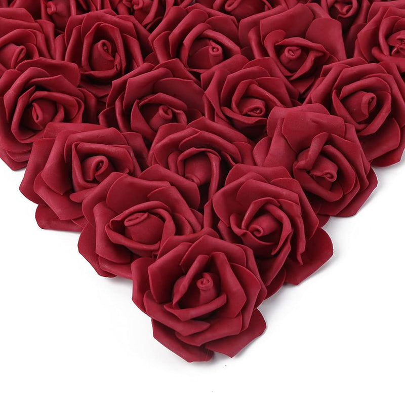 Artificial Rose Flower Heads, 100 Pcs Real Looking Burgundy Foam Fake Roses Fo