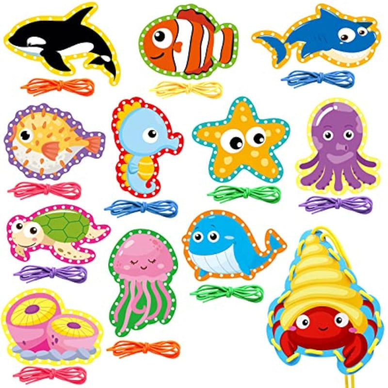12 Pack Sea Animal Lacing Cards for Kids, Ocean Preschool Activity Set