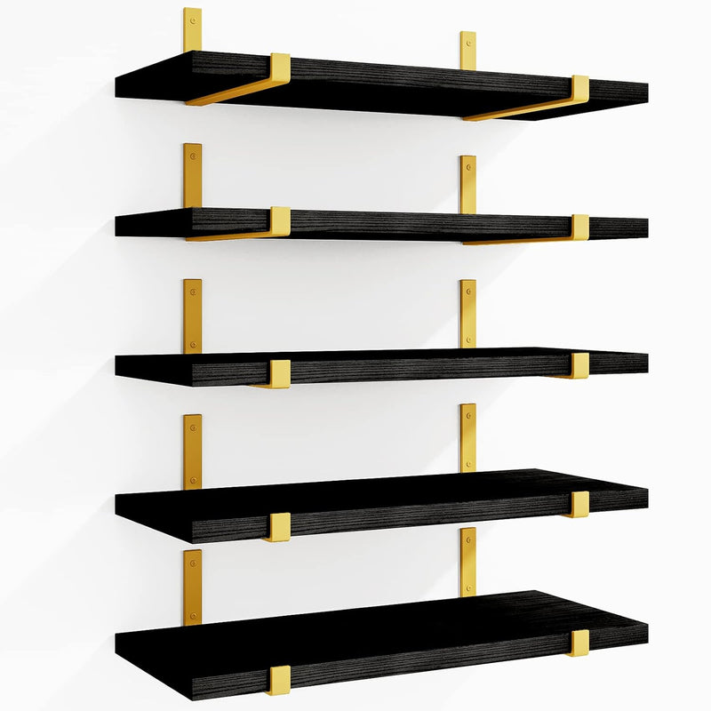 Floating Black Gold Shelves Set Of 5, Width 4.7 Inches Wall Shelves, Rustic Wo