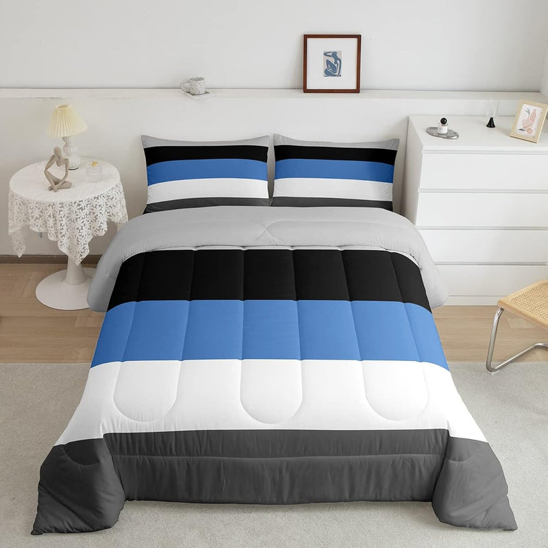 Patchwork Striped Down Comforter Twin Boys Blue Black Dark Gray Bedding Set Be