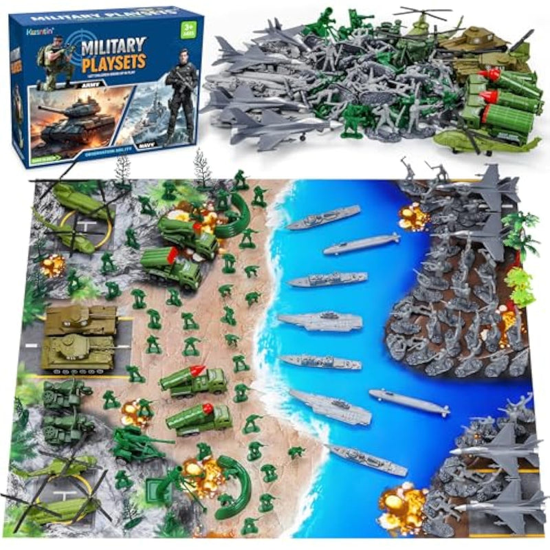 Army Men Playset – 117 Pcs Military Toy Soldiers Set With Action Figures, Battle Mat, Tanks, Helicopter, Submarine & Weapon Gear – Army Toys For Boys Ages 4-12, Great Gift For Kids