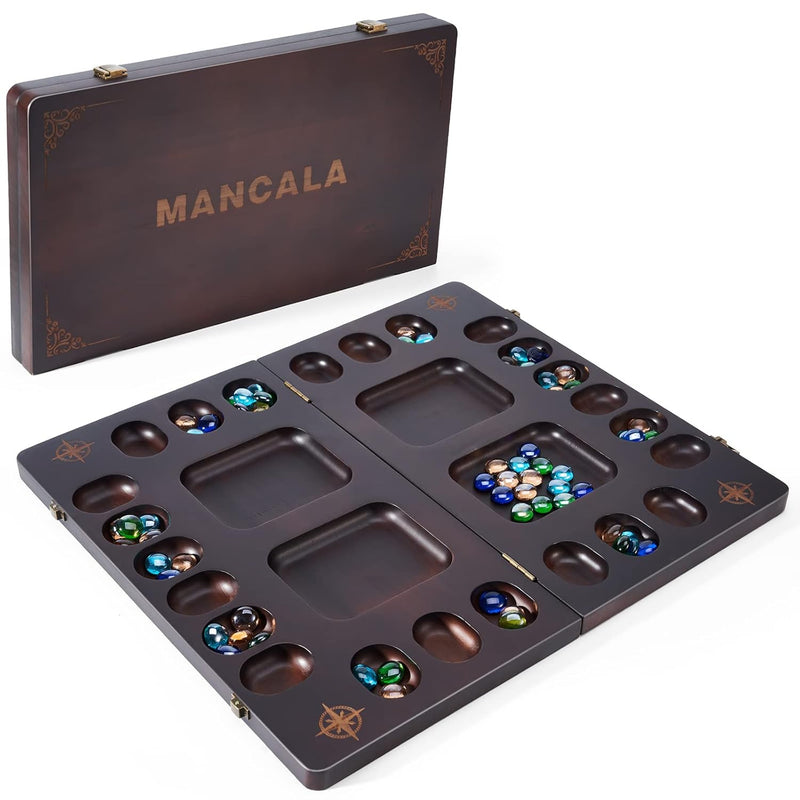 Mancala 4 Player Board Game Set, Luxury Solid Wood Folding Mancala Board, 9