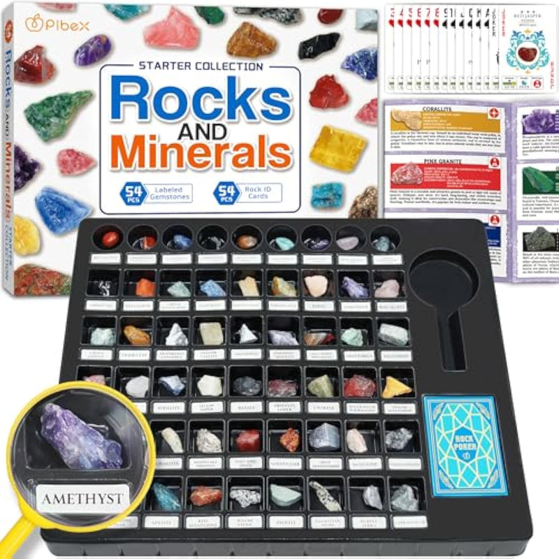 Rock Collection Starter Kit - 54 Pcs Assorted Gemstones, Crystals, Rocks & Minerals, With Learning Book & Id Cards, Earth Science Kit Toy, A Geology Gift For Kids & Adults Ages 8+