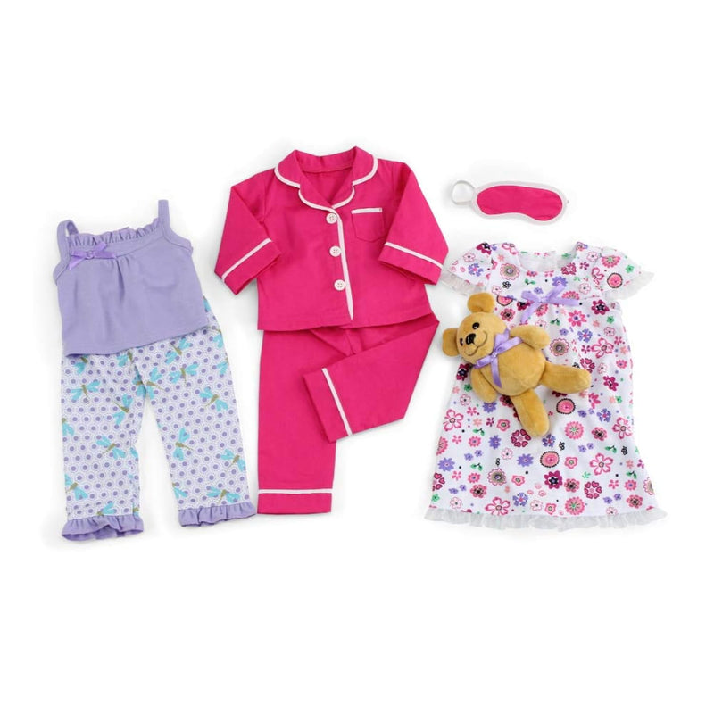 18 Inch Doll Clothes Cozy Pajamas Pjs Sleep Set Collection, With Toy Teddy Bea