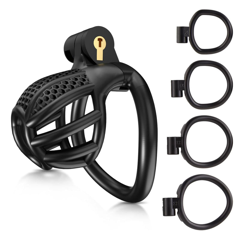 Male Chastity Device Cock Cage - Large Plastic Chastity Cage For Man Penis Exercise 3D Printed Black Bondage Gear Lightweight Adult Sex Toy With 4 Sizes Rings Invisible Lock And Key