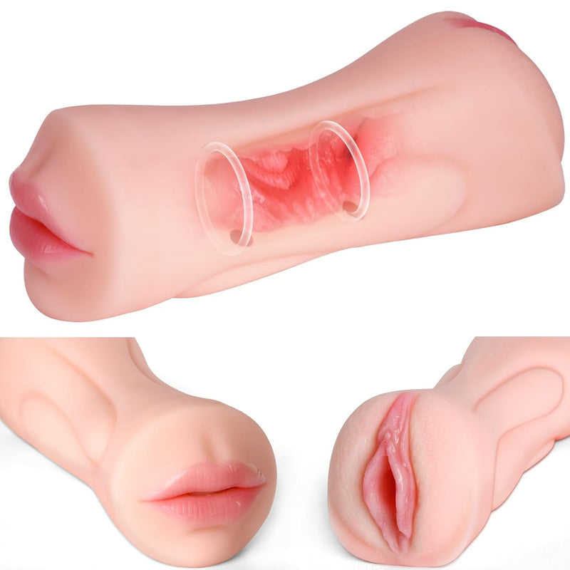 2 In 1 Male Masturbator Pocket Pussy Blowjob Toy Lifelike Sex Doll Adult Sex Toys For Men, 3D Texture Realistic Mouth And Tight Vagina Men'S Pocket Stroker With 2 Penis Rings Inside