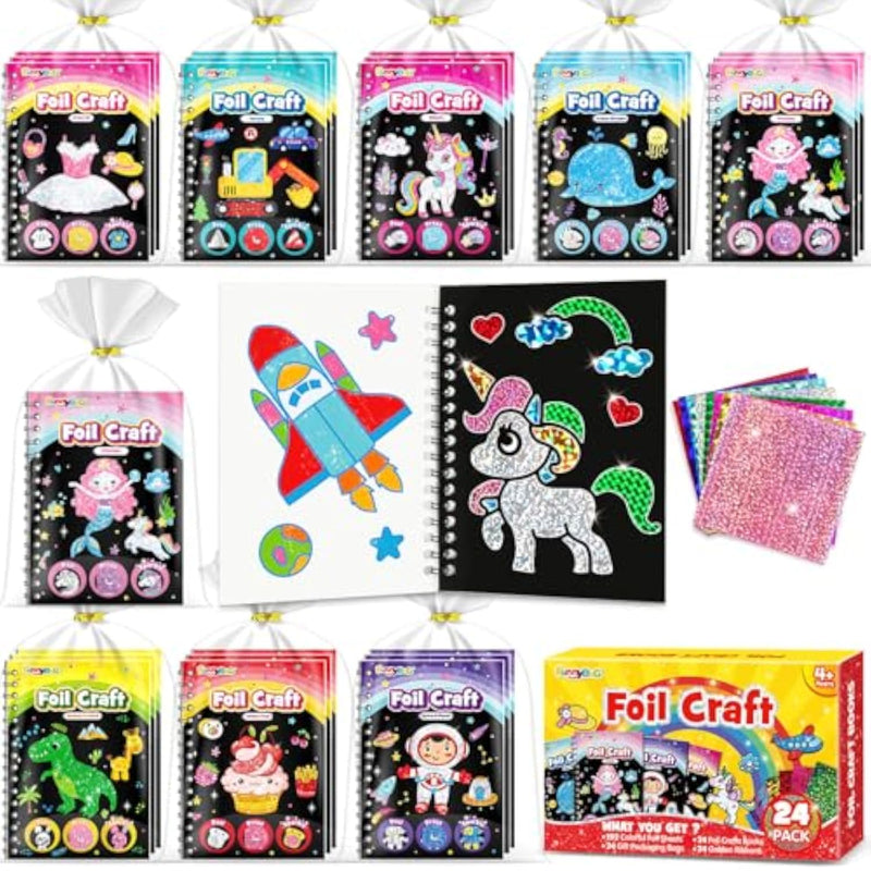 24 Pack Foil Art Craft Kits for Kids, Birthday Party Favors & Classroom Prizes