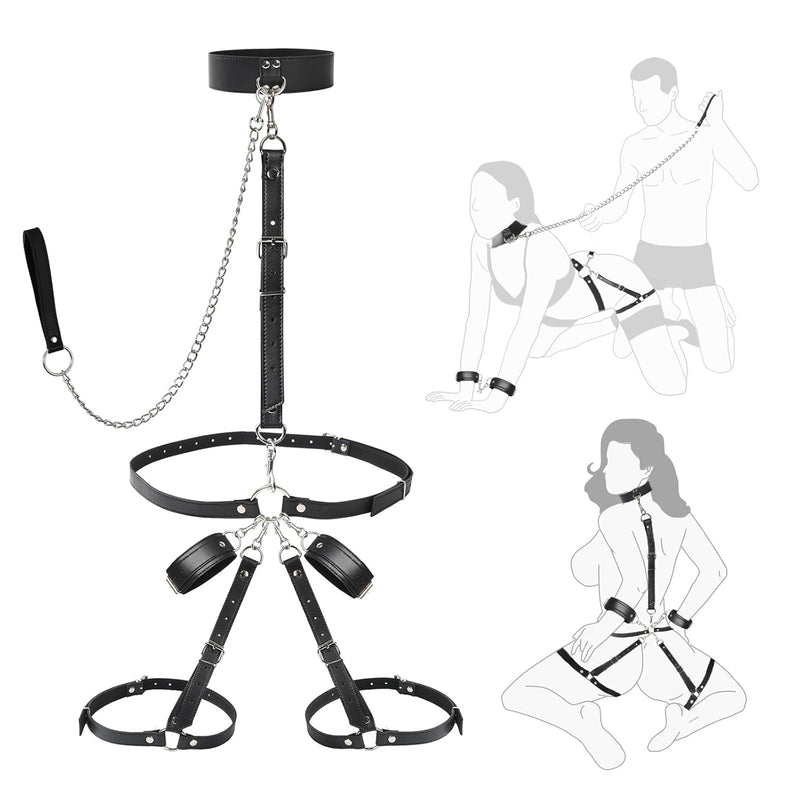 Sex Bondage Wrist & Thigh Cuffs Bdsm Restraints Set Adult Sex Toys For Couples Neck To Wrist Sm Game Set With Adjustable Collar & Leash Handcuffs Thigh Cuffs Cross Waist Strap Bondage Gear Harness