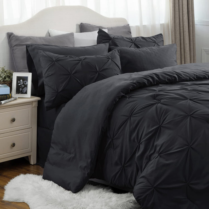 Black King Size Comforter Set - Bedding Set King 7 Pieces, Pintuck Bed In A Ba