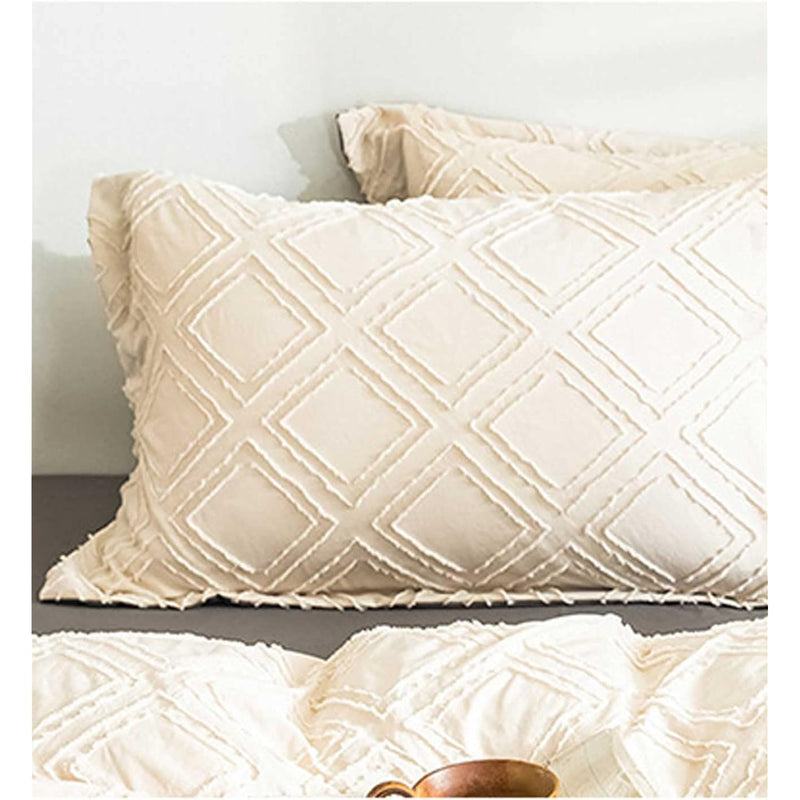 Pillow Case/Pillow Shams Queen Set Of 2, Beige Cream Tan Tufted Jacquard Diamo