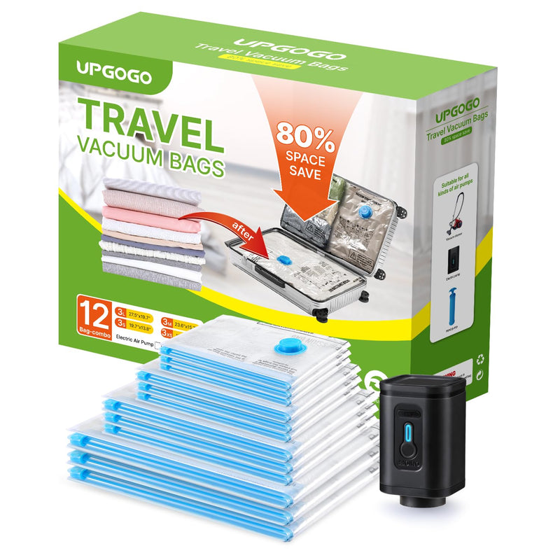 Combo 12 Pack Travel Vacuum Bags With Prtable Electric Pump,Vacuum Seal Bags For
