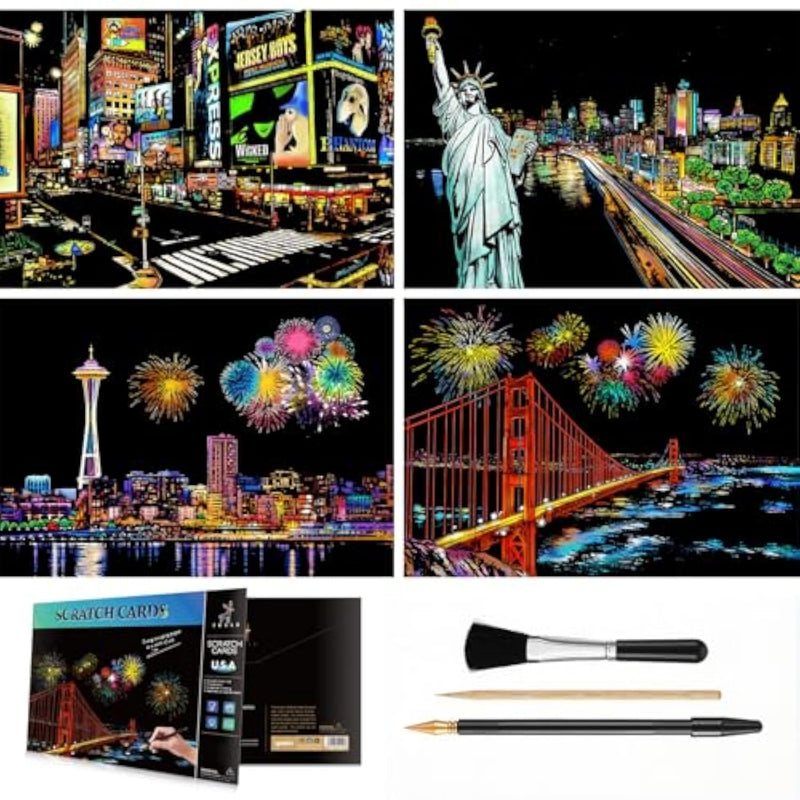 4 Pcs Scratch & Sketch Art for Teens & Adults - A4 Rainbow Night View
