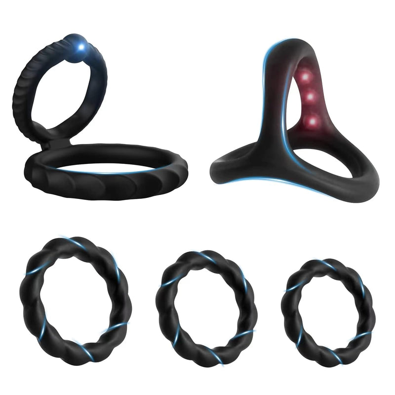 New Pc5 Silicone Penis Ring Combo Set, Enhance Erection Fun, Soft Silicone Penis Ring, Elasticity, Make Penis Longer, Harder, Longer Lasting Adult Sex Toys And Games.