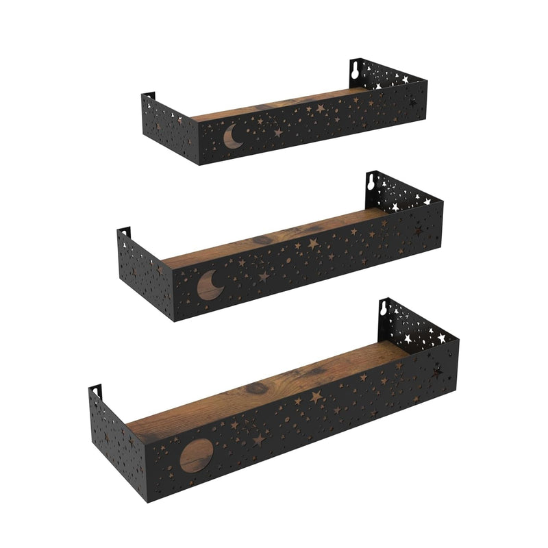 Moon And Stars Wall Shelves Black, Set Of 3 Small Floating Shelves For Bedroom