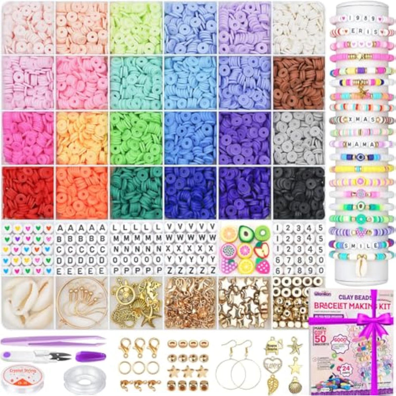 24 Colors Clay Beads Friendship Bracelet Making Kit with Charms