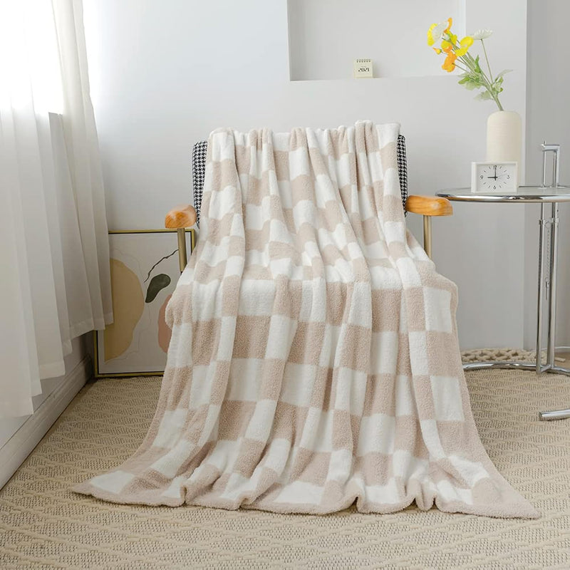 Cozy Warm Fluffy Kahki Microfiber Polyester Buffalo Checkerboard Pattern Throw