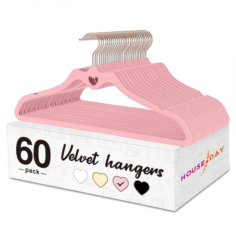 Pink Velvet Hangers 60 Pack, Non Slip Flocked Felt Hangers, Sturdy Velvet Clothe