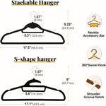 Black Velvet Hangers 50 Pack, S-Shaped and Stackable Non Slip Felt Hanger with 360°Swivel Hook, Ultra Thin and Space Saving Flocked Hangers for Suits, Shirts, Coats, 15Lbs Capacity Heavy Duty