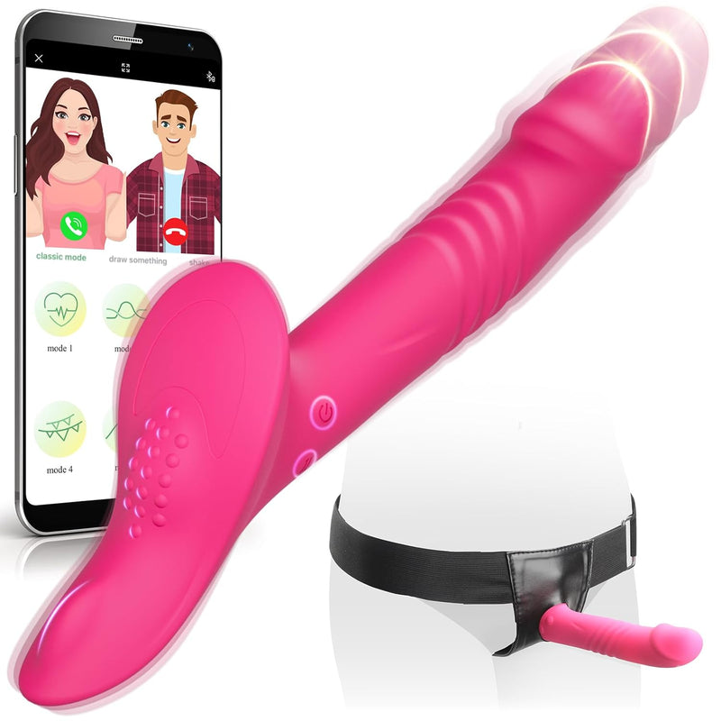 Thrusting Strap-On Harness Dildo Vibrator - Female Lesbian Sex Toy Realistic G-Spot Clit Vagina Silicone Penis Dildos App Remote Control Wearable Vibrator Stimulator, Adult Sex Toys & Games For Women